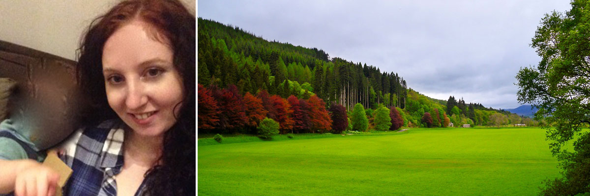 Iris with her host child (left) and a bright green meadow in Scotland (right)