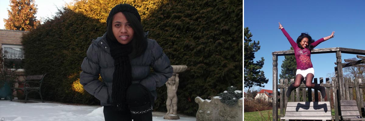 Malalatiana dans la neige et sur un terrain du jeux