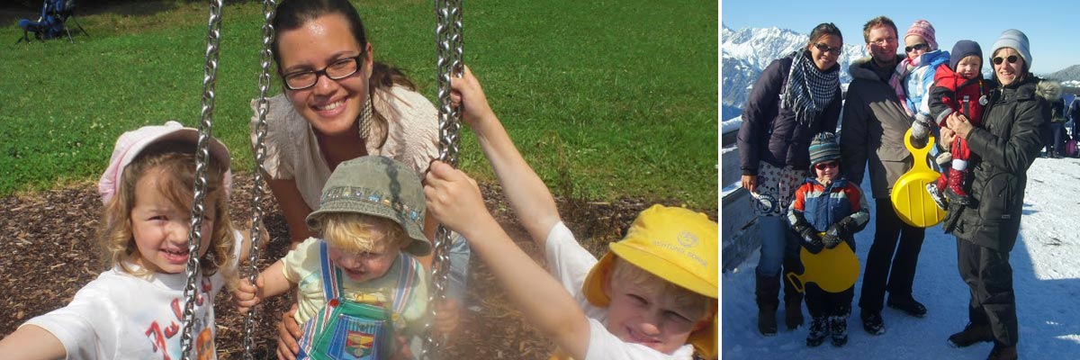 Marina in summer, together with her host kids on a playground, and in winter