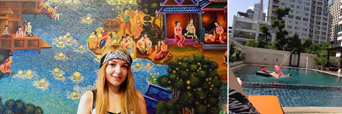 Sarah in Bangkok vor einer bemalten Wand und an einem Pool