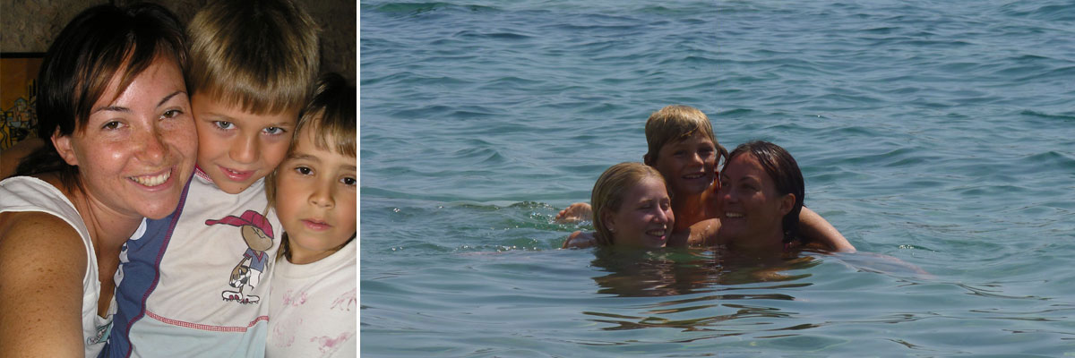 Anna with her two host kids, at the ocean and snuggling