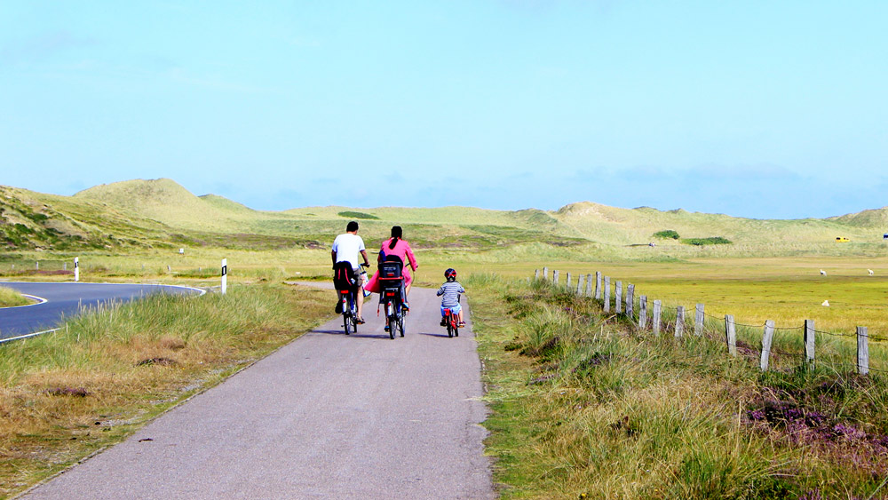 A family group bicycling at the north sea