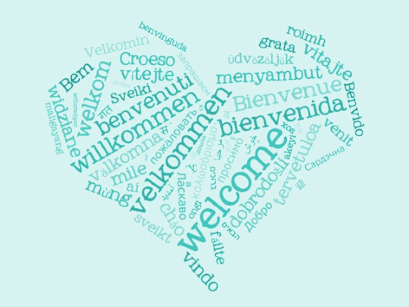 La palabra bienvenido en varios idiomas formando un corazón