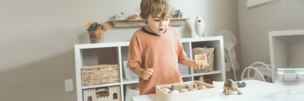 A child plays with wooden toys