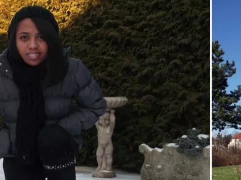 Malalatiana dans la neige et sur un terrain du jeux 