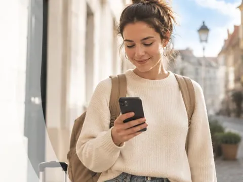 a woman walking around with a mobile phone in her hands