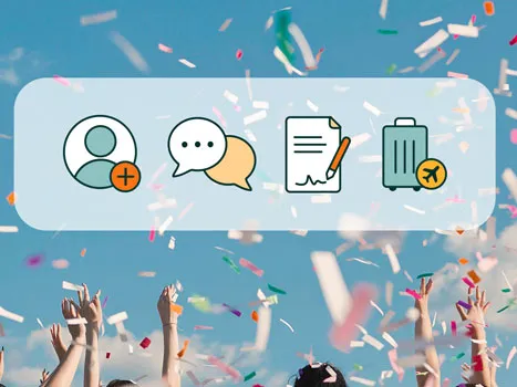 Icons over confetti background with hands raised.