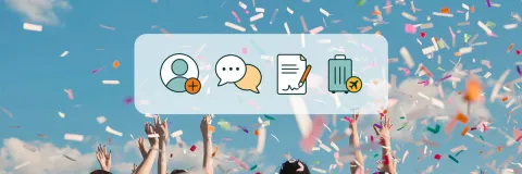 Confetti falling against a blue sky with icons overlay.