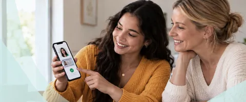 Two women smiling and looking at a smartphone screen indoors.